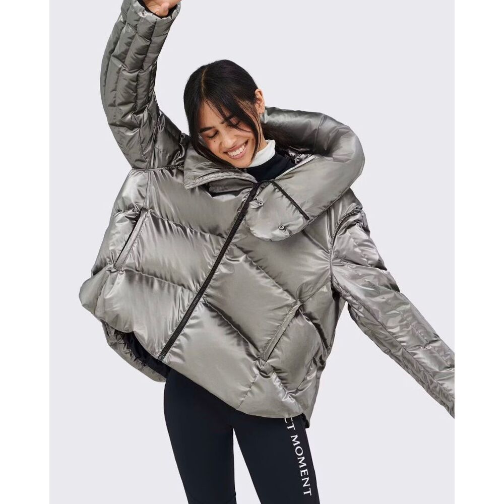Perfect Moment Orelle Hooded Metallic Quilted Down Ski Jacket L Gunmetal Silver